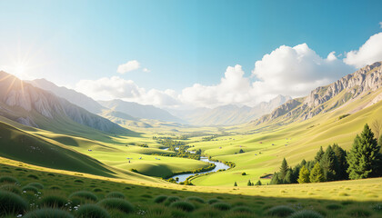 Fototapeta premium Vast green valley landscape with river and mountains