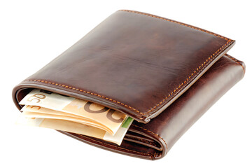 Brown leather wallet with euro bills isolated on a white background