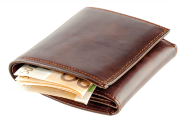 Brown leather wallet with euro bills isolated on a white background