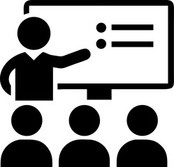 Training and Instruction Vector Icon. Depicts an instructor presenting to a group in front of a screen. Editable line vector illustration.