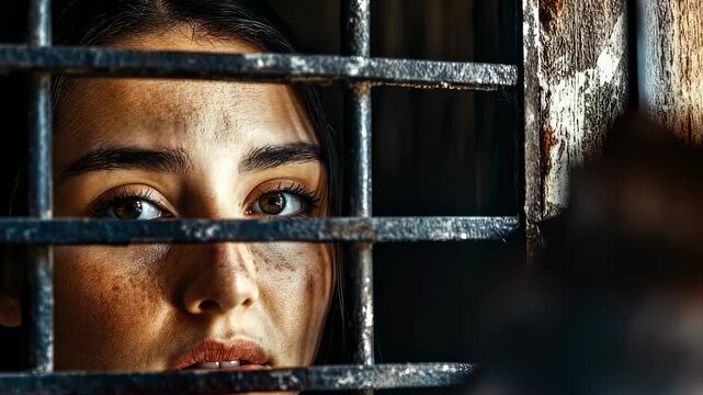 Woman behind bars: intense emotion and captivating gaze in dramatic closeup