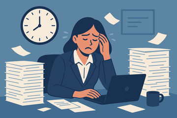 Overwhelmed by paperwork, stressed businesswoman at office desk with laptop. Burnout concept from deadlines and workload. Corporate fatigue, anxiety, mental exhaustion, bureaucracy pressure.