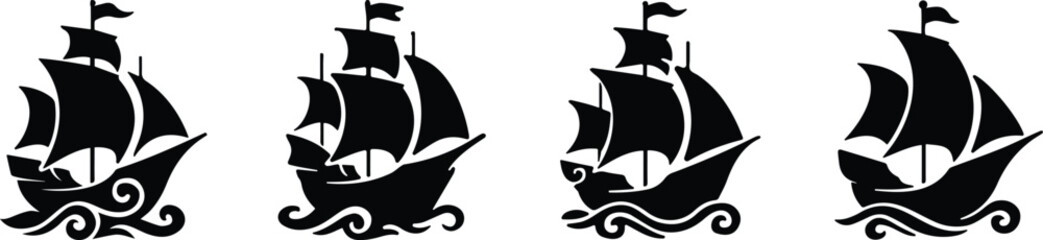 Classic black pirate ship logo icon set with sails and flags for historical, nautical, or adventure-themed graphic designs