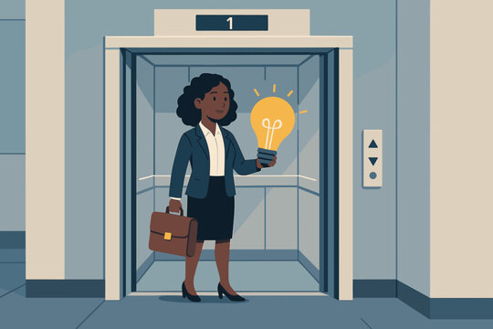 Businesswoman holding glowing lightbulb in elevator, symbolizing creative idea and elevator pitch. Concept for startup innovation, business opportunity, new project launch and success.