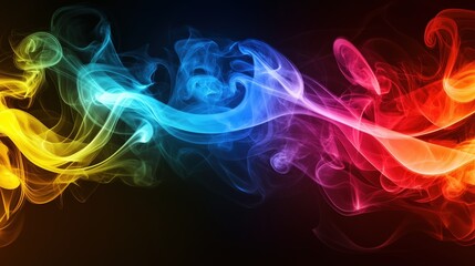 Vibrant wisps of multicolor neon smoke in yellow, green, blue, pink, and red stream fluidly from left to right across a dark background with abstract energy and movement
