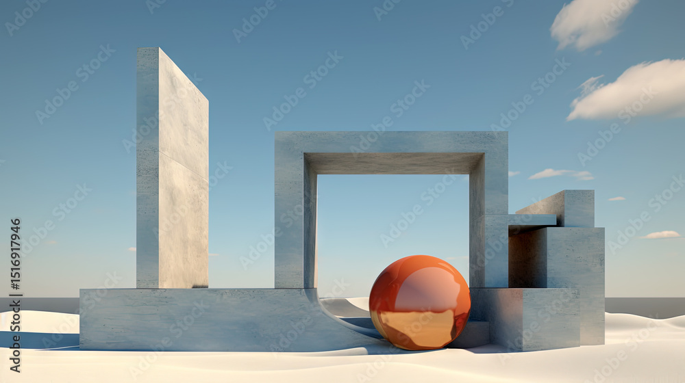 Aufkleber surreal 3d concrete geometric structure under clear sky in desert landscape. generated ai