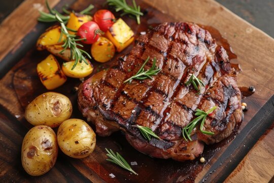 Savoring perfectly grilled rump steak with vibrant sides of potatoes and vegetables at sunset