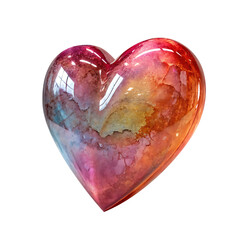 A glossy, heart-shaped stone with colorful marbling is isolated against a stark black background.