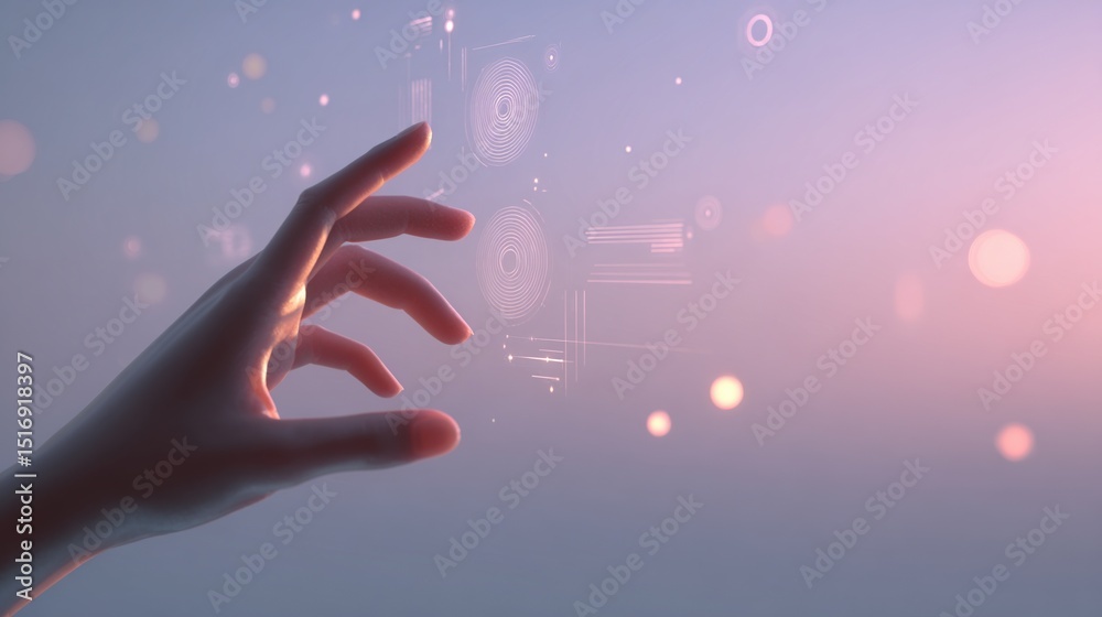 Poster Futuristic human hand interacting with glowing digital interface, concept of artificial intelligence and neural technology. Generated AI