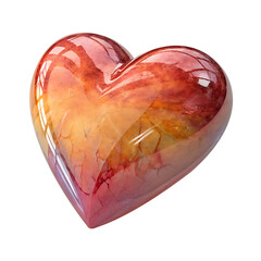 A glossy, heart-shaped stone with red, orange, and yellow hues is isolated against a stark black background.