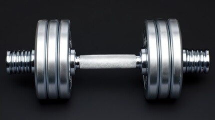 Naklejka premium A close-up image of a shiny dumbbell against a dark background, perfect for fitness-related content, gym promotions, and health articles, This image can add visual appeal to workout programs,