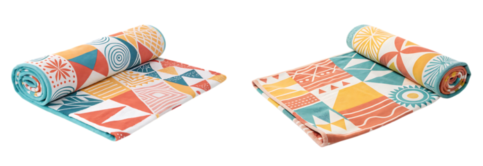 Rolled colorful beach towels with geometric patterns