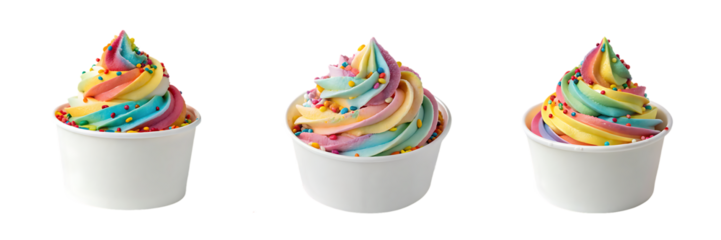 Soft swirl rainbow ice cream in white cups