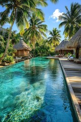 Fototapeta premium Tropical overwater pool, thatched bungalows