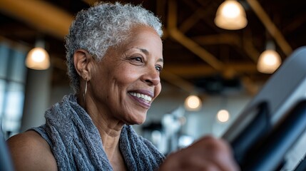 Smiling Senior Woman Fitness Exercise Gym Healthy Lifestyle Active Mature Adult Grey Hair Woman Working Out Cardio Machine Elliptical Trainer Happy Wellness Sport Energy