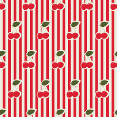  Juicy cherry in sticker style, seamless pattern on vertical stripes background. Hand drawn vector illustration. Perfect for printing on textiles, wallpaper, napkins.