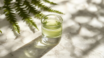 Small glass of bright green chlorophyll liquid on pale marble with fern-shaped shadows, clean lighting, botanical and clinical aesthetic, high detail.