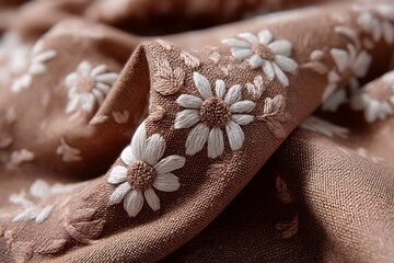 Brown linen fabric featuring a daisy floral pattern in a seamless repeat, perfect for creating cozy and soft textile designs for home decor or fashion.