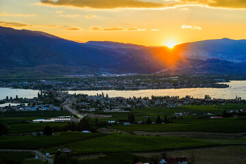 Aerial view of Osoyoos Lake at sunset in the south of the Okanagan Valley in British Columbia,...