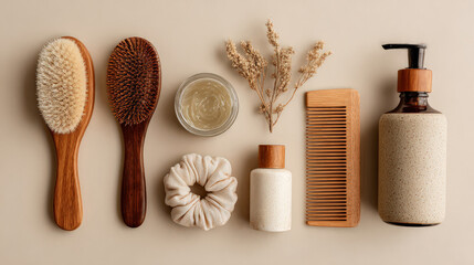 Hair care items in flat lay: brush, serum, mask, scrunchie, shampoo, comb. Neutral beige background, soft light, minimalist clean beauty top view.