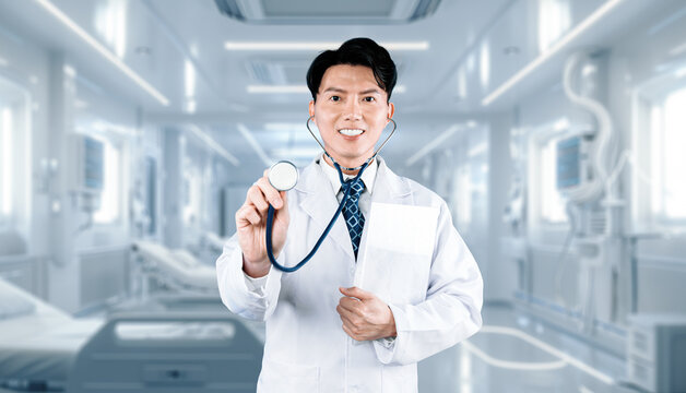 Doctor holding medical document and standing at patient room. Professional healthcare worker with lab coat and holding stethoscope while checking at medical research. Healthcare concept. Ingenuity.