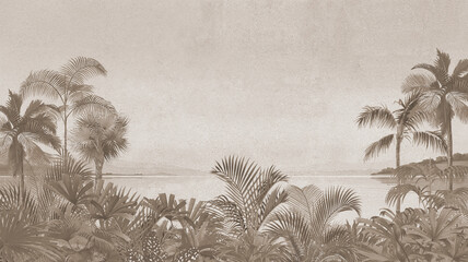Retro Island Wall Mural: Sepia Tone Palms & Ocean View for Rustic Decor © csinie1
