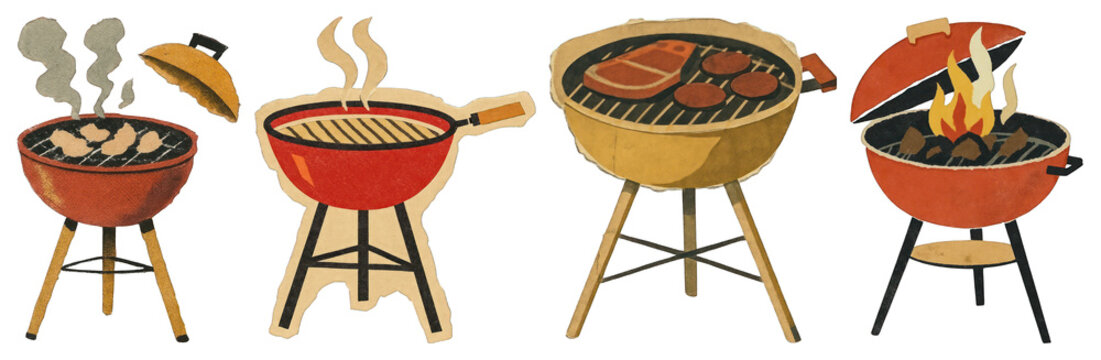PNG Vintage barbecue grill illustrations, element set on transparent background