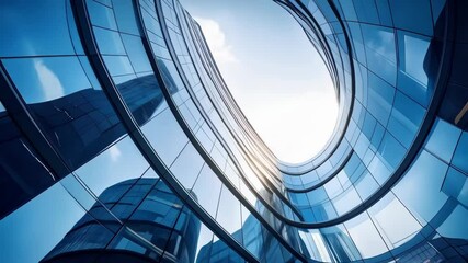 Looking up at a modern office building with blue glass windows reflecting the sky and an oval shaped skylight. - Powered by Adobe