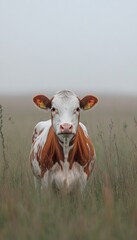 A cow, mostly reddish-brown and white, stands in a field of tall grass, facing the viewer, on a misty day