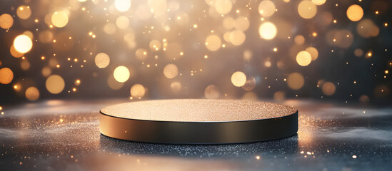 Glimmering round podium with soft lighting and sparkling backdrop ideal for showcasing products or announcements with empty space for text