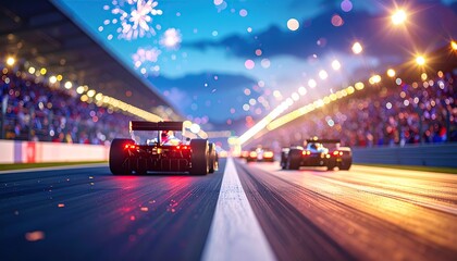Racing cars on track at night with fireworks