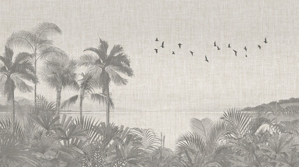Modern Coastal Wall Mural: Black & White Palms, Sea & Flying Birds Scenery © csinie1
