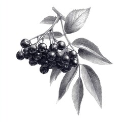 Detailed illustration of black chokeberry plant with fruits and leaves on a white background showcasing botanical features