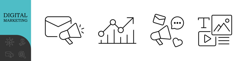 Digital Marketing Line Editable Icons set. Vector illustration in modern thin line style of advertisement related icons: online shop, content, streaming, and more