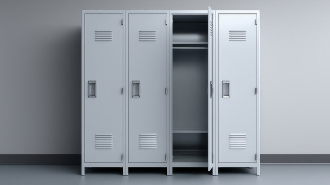 Three closed metal lockers and one open in a minimalist industrial setting