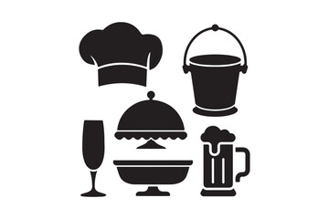 Restaurant Icon Set Chef Hat, Bucket, Beer Mug, Glass, Serving Tray Silhouettes