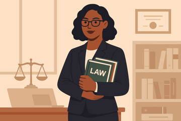 Confident female attorney holding law book in modern office. Professional lawyer character, legal services vector illustration. Justice scales, bookshelf, empowered woman at work.