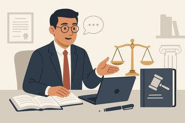 Male lawyer offering legal advice at office desk. Attorney with laptop, scales of justice, law books. Concept of consultation, counsel, justice system, legal support services. Flat vector.