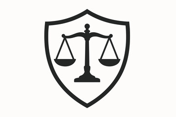 Justice shield icon with scales. Legal protection symbol. Law firm emblem. Court, lawyer, attorney, legal services concept. Balance, equality, rights, judgment. Security, defense, notary logo.