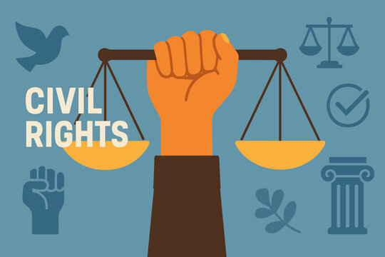Hand holding scales of justice representing Civil Rights. Vector for equality, human rights, social justice, activism, freedom, legal system, protest, law, democracy concept.
