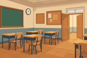 Classroom empty school interior. Education learning concept background. Cartoon vector illustration. High school college desks, chalkboard, open door. Study hall no people. Academic lesson.