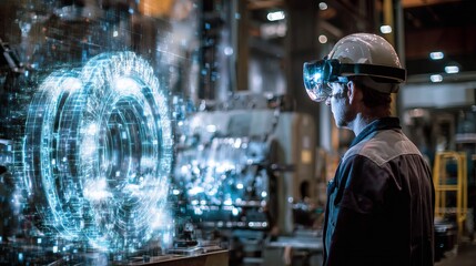 Industrial Worker Using Augmented Reality Smart Glasses Advanced Technology Manufacturing Digital Overlay Futuristic Factory Innovative Engineering Modern Industry High  