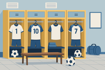 Football sports dressing room background. Soccer team player changing area with lockers, numbered jerseys, footballs, and bench. Athletic facility interior for match day preparation.