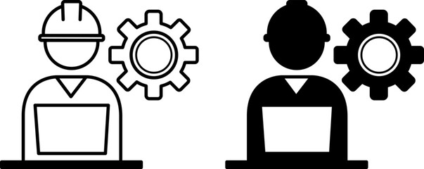 Engineer Icons. Black and White Vector Illustrations. Man in Helmet and Laptop, Gear. Specialist Engaged in Engineering. Production, Construction. Engineering Concept