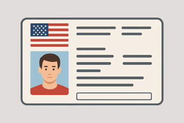USA driver license template vector illustration. American ID card mockup with flag, photo placeholder. Blank identity document for driving, personal identification, verification.