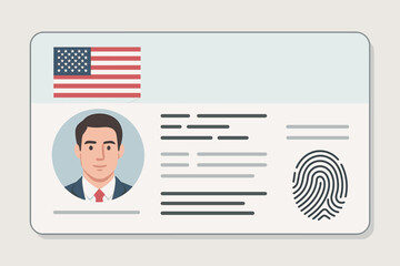 US driver license template vector. Identification card mockup with USA flag, photo, fingerprint. Identity document for driving. Personal info, official permit. Security, legal.