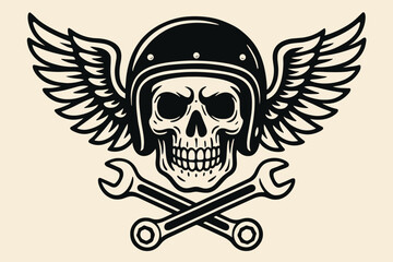 Monochrome biker skull emblem with wings and crossed wrenches vector illustration. Motorcycle club logo, tattoo design, vintage rider graphic, mechanic symbol, chopper art, retro.