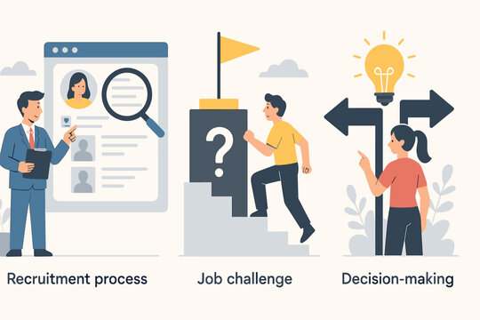Recruitment process and career progression. HR talent acquisition. Job challenge metaphor with man on stairs. Business decision making with woman, arrows, and idea lightbulb. Vector set.