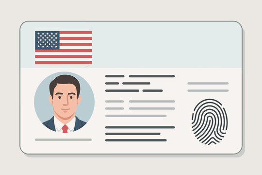 US driver license template vector. Identification card mockup with USA flag, photo, fingerprint. Identity document for driving. Personal info, official permit. Security, legal.
