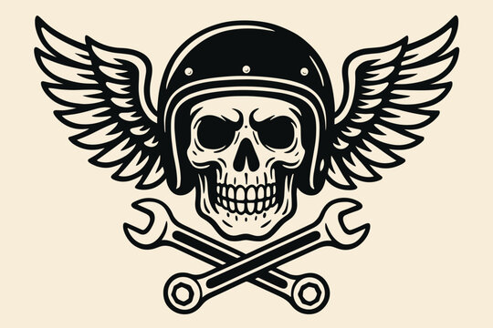 Monochrome biker skull emblem with wings and crossed wrenches vector illustration. Motorcycle club logo, tattoo design, vintage rider graphic, mechanic symbol, chopper art, retro.